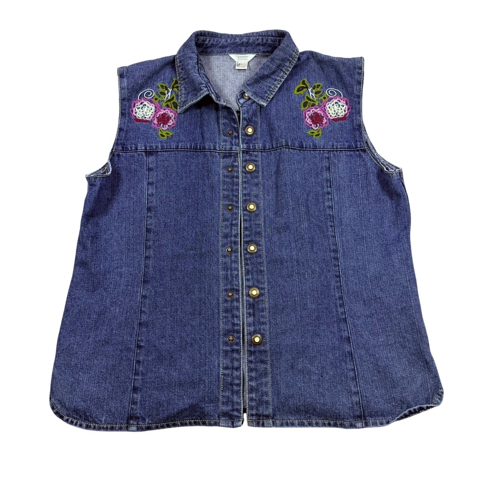 Christopher & Banks Floral Embroidered Denim Vest Medium Wash Blue Womens Large